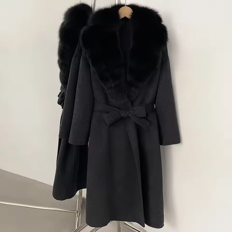 BELTED WOOLEN LONG COAT WITH REAL NATURAL FOX FURR