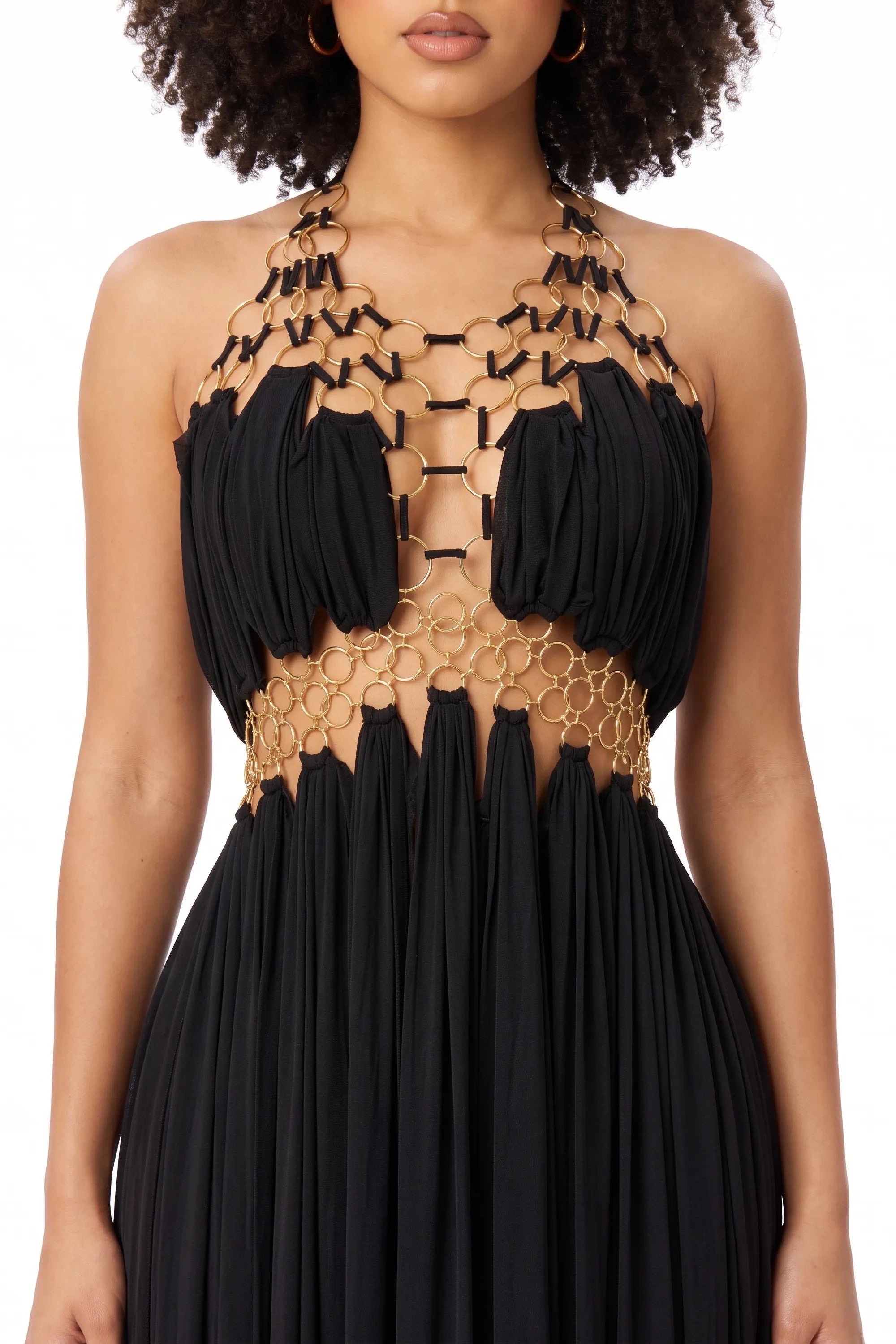 RINGS DETAIL HALTER MAXI STATEMENT DRESS WITH CUTOUTS