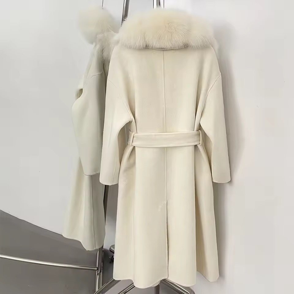 BELTED WOOLEN LONG COAT WITH REAL NATURAL FOX FURR