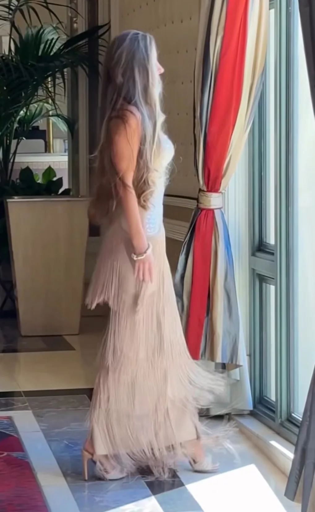 STRAPLESS RHINESTONES FRINGES DRESS WITH CHOKER