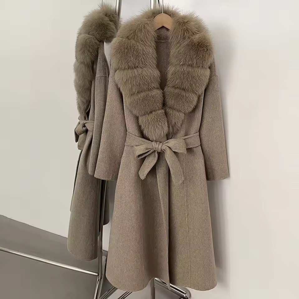 BELTED WOOLEN LONG COAT WITH REAL NATURAL FOX FURR