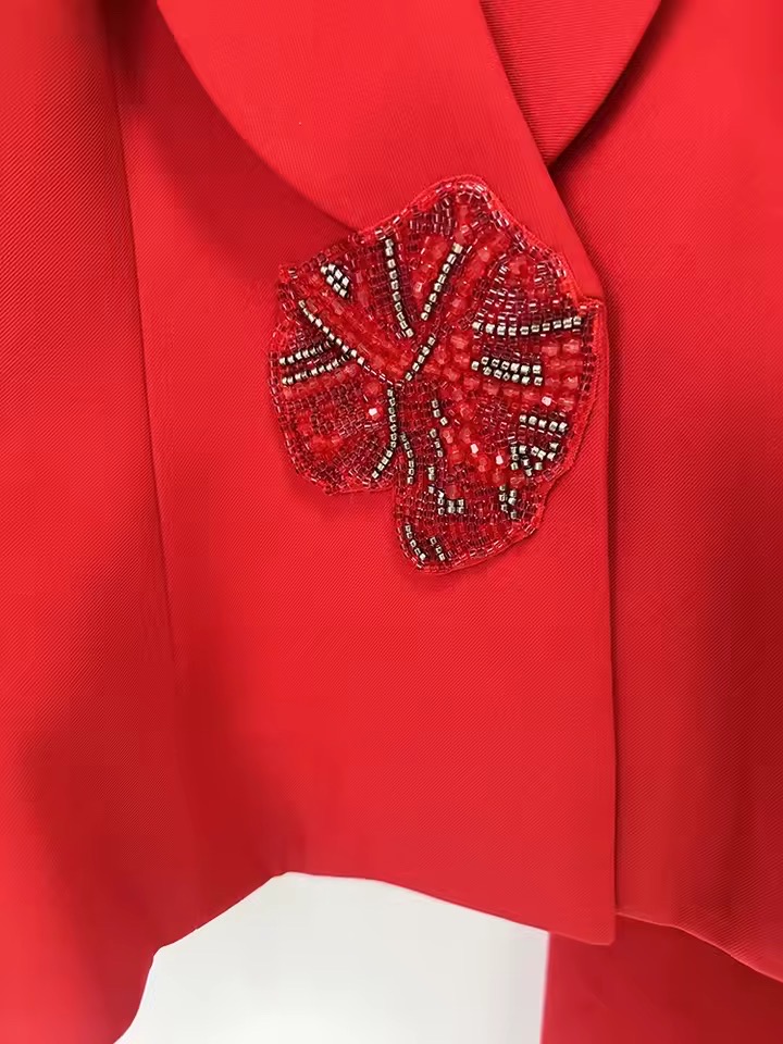 LONG SLEEVE FLORAL DETAIL PEPLUM SUIT RED
