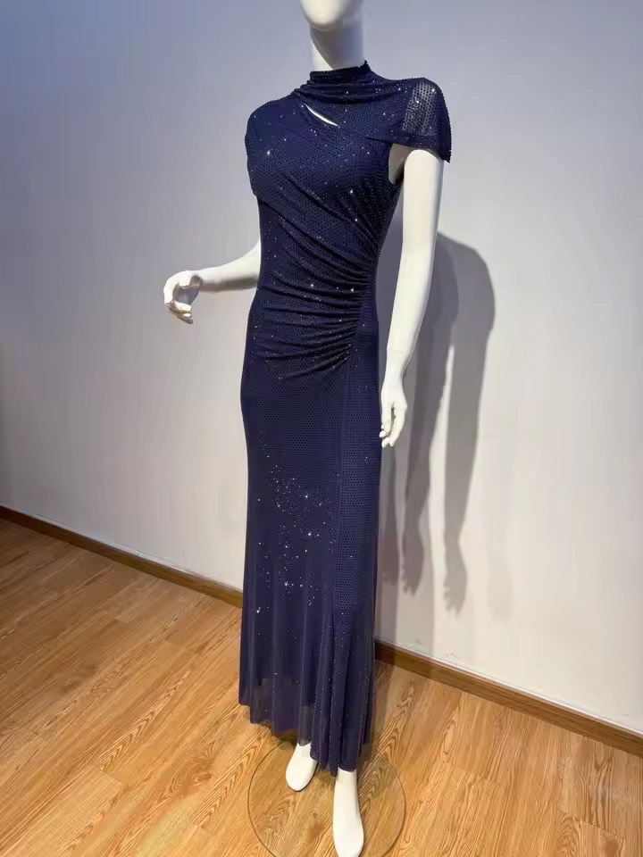 RHINESTONES SHIMMERY MESH CUTOUT DRESS