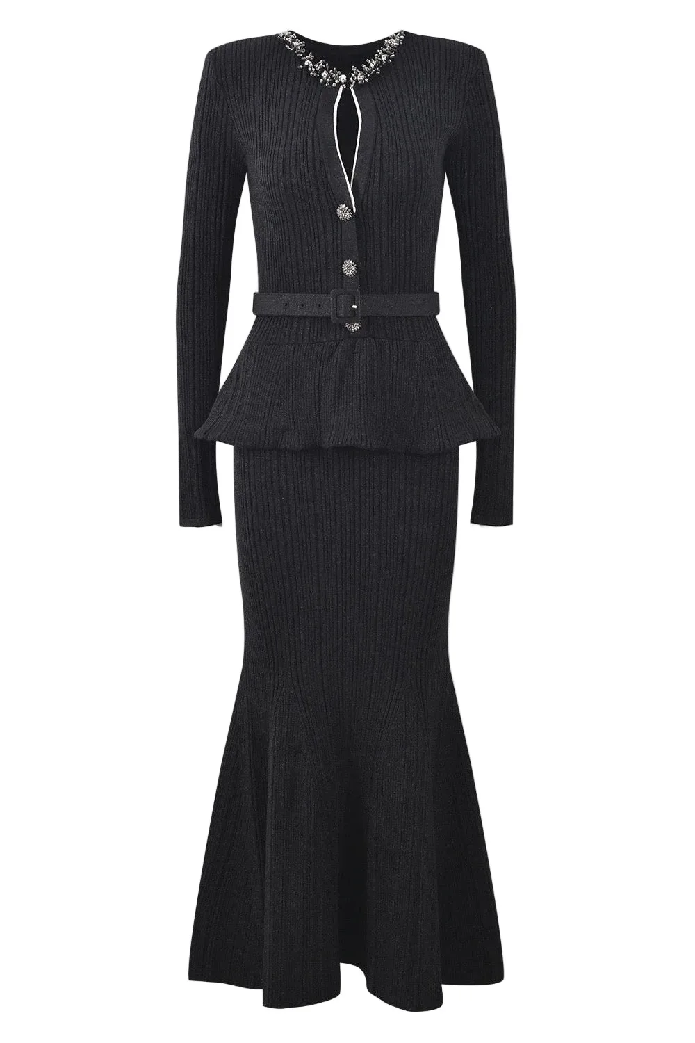 HIGH END NECK V-NECK KNITTED BELTED DRESS