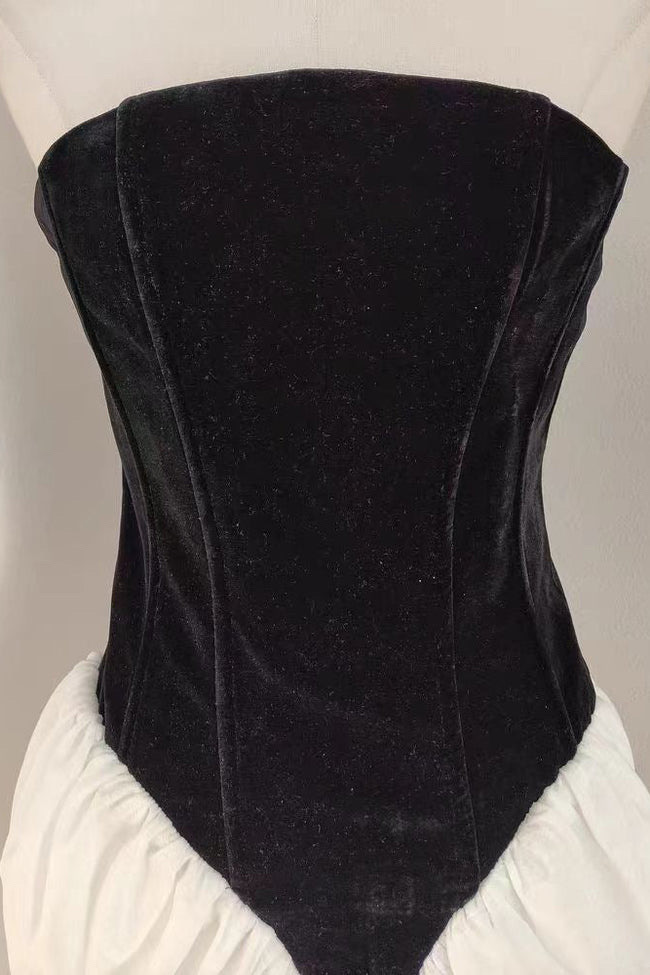 VELVET RUCHED FOLDS STRAPLESS DRESS