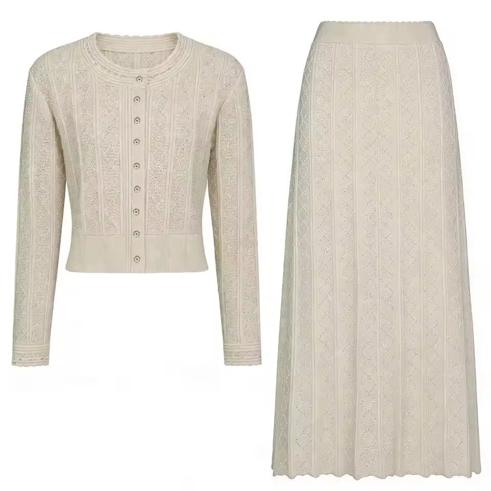 SHIMMERY KNIT CARDIGAN AND SKIRT SET