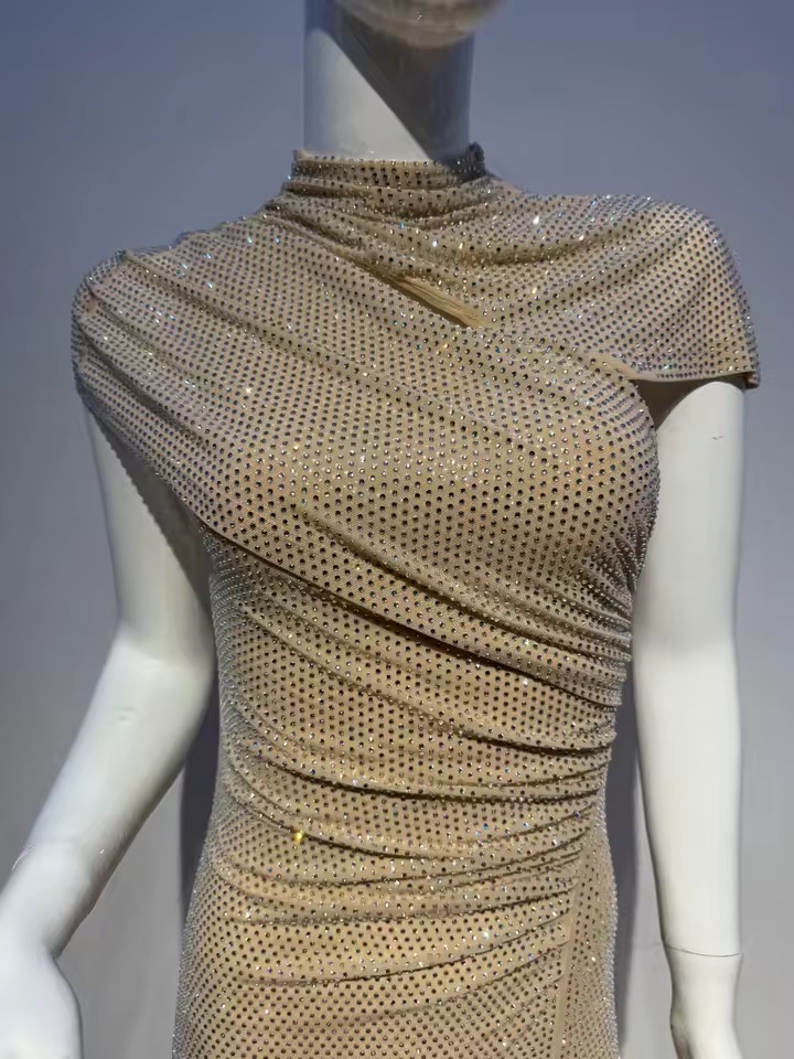 RHINESTONES SHIMMERY MESH CUTOUT DRESS