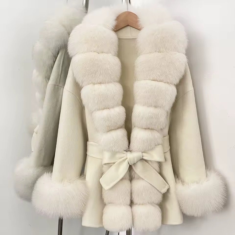 BELTED WOOLEN COAT WITH REAL NATURAL FOX FURR CUFFS