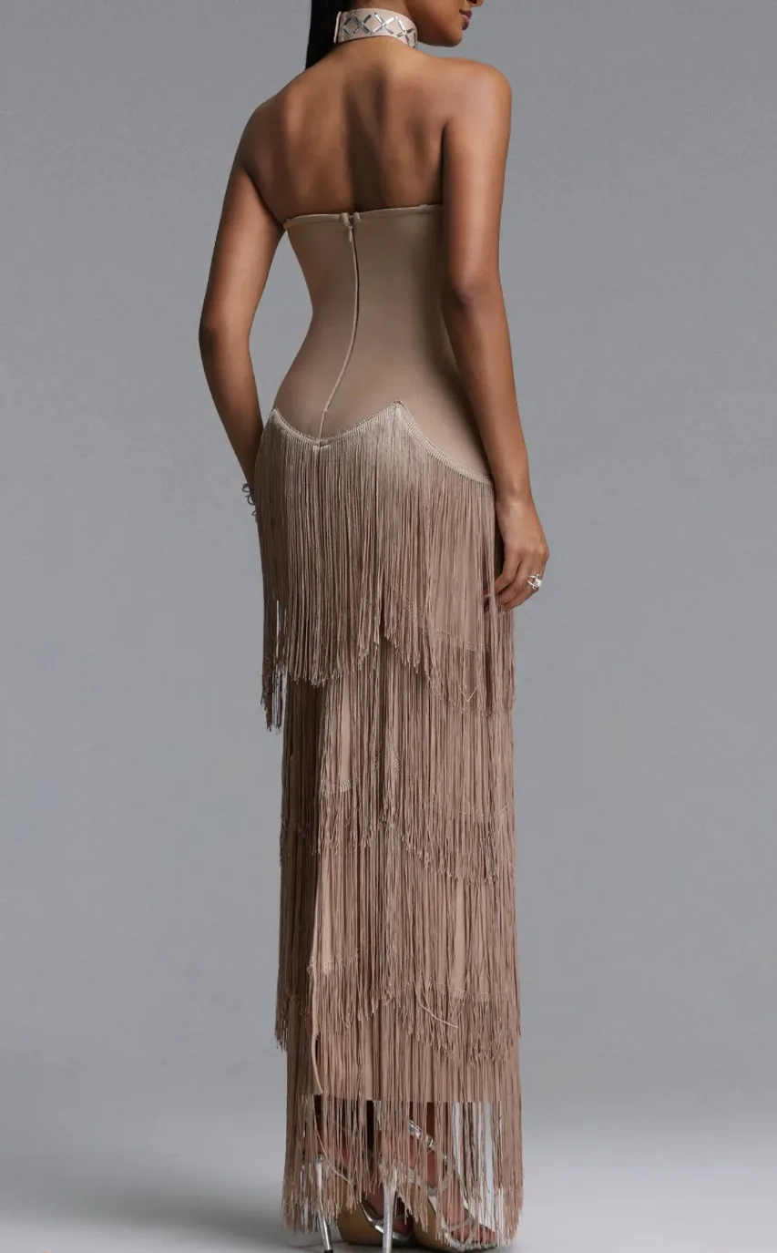 STRAPLESS RHINESTONES FRINGES DRESS WITH CHOKER