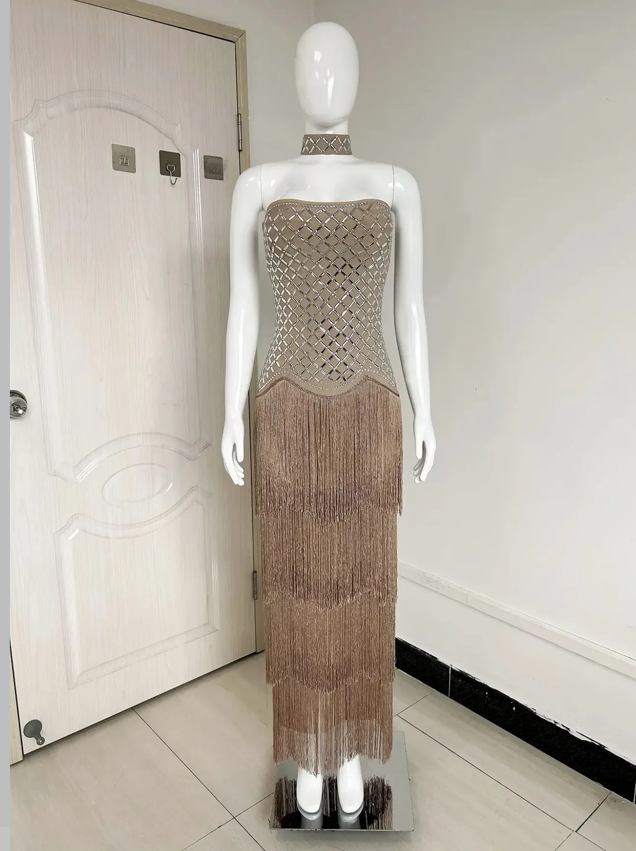 STRAPLESS RHINESTONES FRINGES DRESS WITH CHOKER