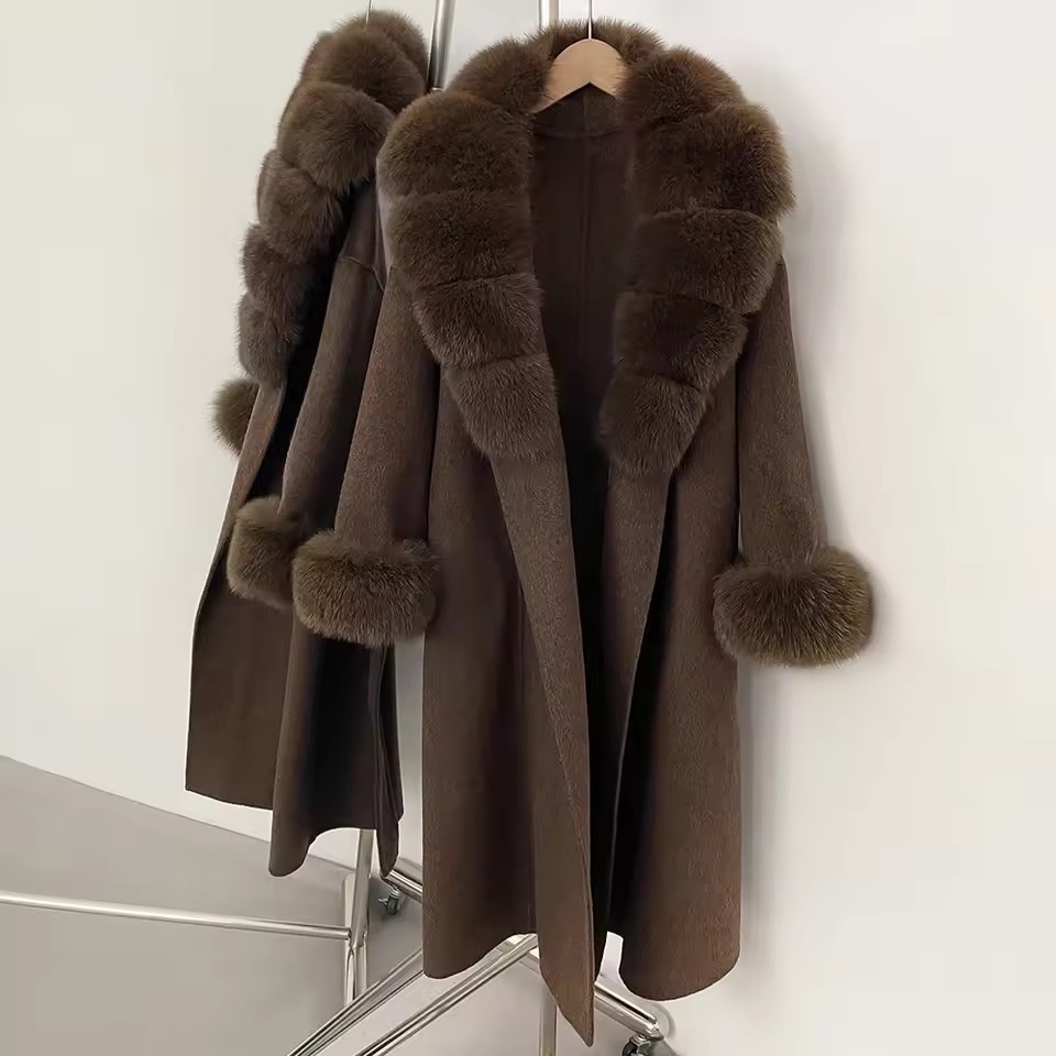 BELTED WOOLEN LONG COAT WITH REAL NATURAL FOX FURR CUFFS