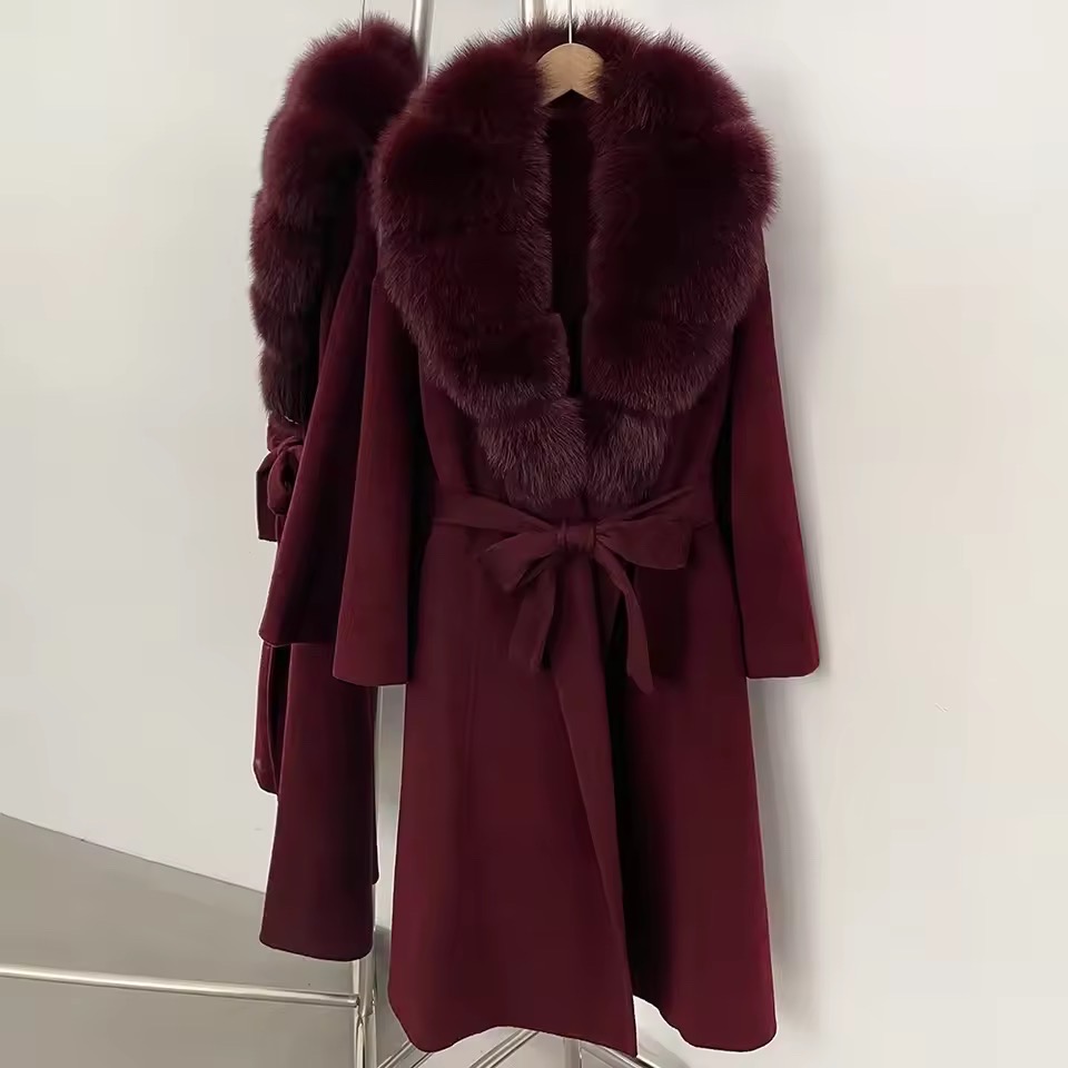 BELTED WOOLEN LONG COAT WITH REAL NATURAL FOX FURR