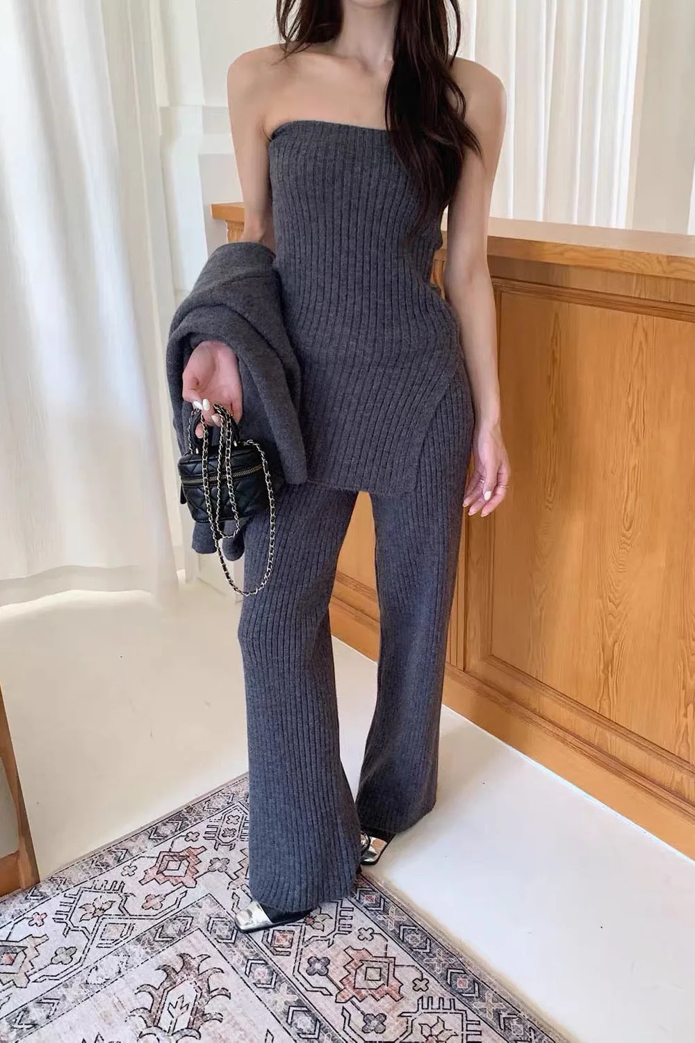 KNITTED COMFY 3 PCS PANT TOP & CARDIGAN SET