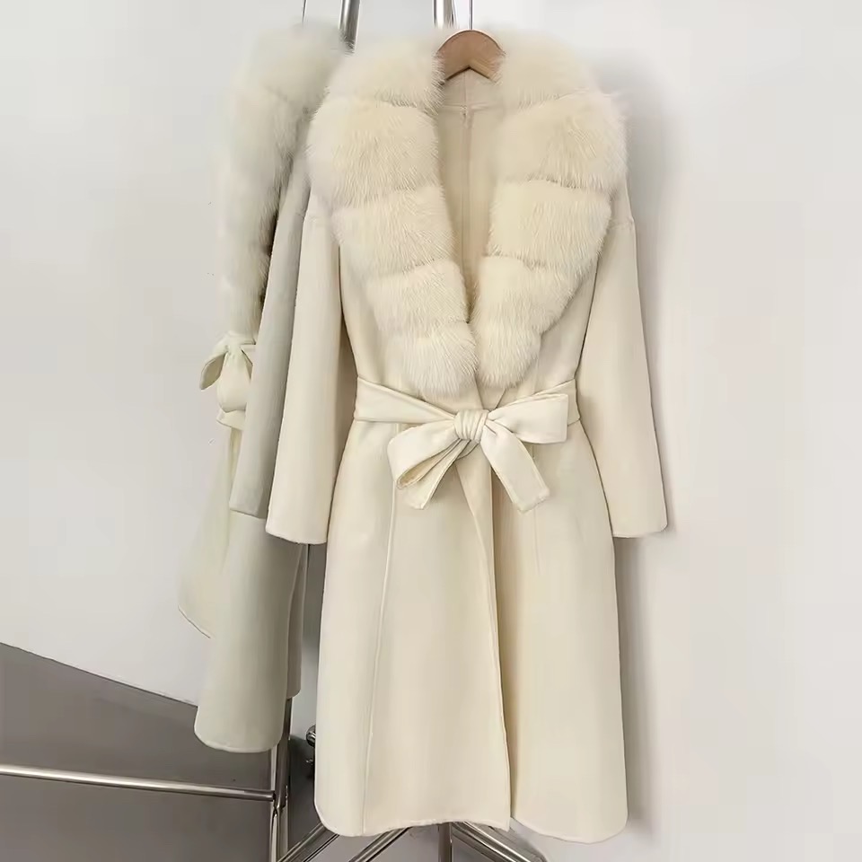 BELTED WOOLEN LONG COAT WITH REAL NATURAL FOX FURR