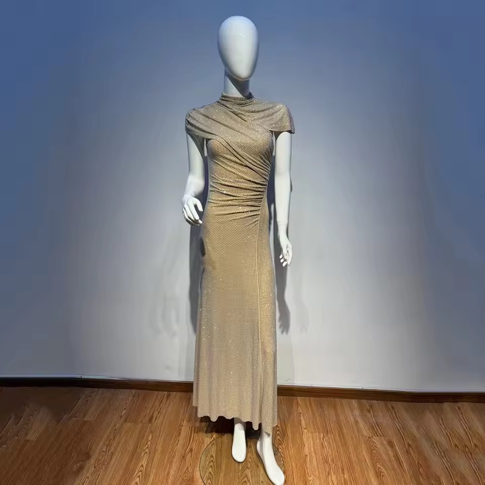 RHINESTONES SHIMMERY MESH CUTOUT DRESS