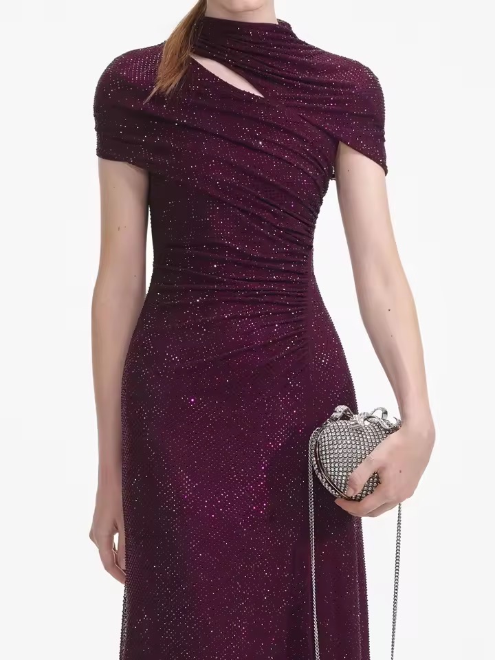 RHINESTONES SHIMMERY MESH CUTOUT DRESS